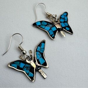 Vintage Mexico Turquoise Inlay Butterfly Earrings Silver Dangle Southwestern